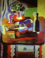 Gitarre Flasche Schale mit Obst und Glas auf Tisch 1919 Kubismus Pablo Picasso